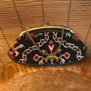 Vintage Needlepoint Evening Bag with gold chain to wear as a crossbody EUC